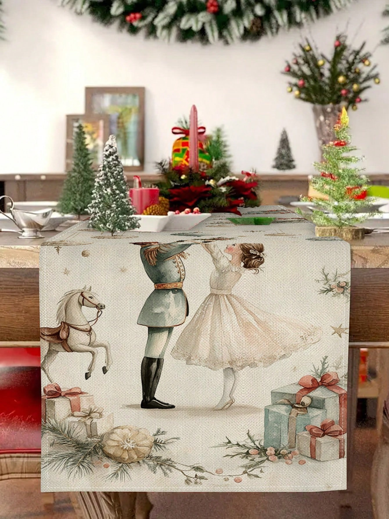 Linen Table Runner - 1pc Christmas Nutcracker & Ballerina Table