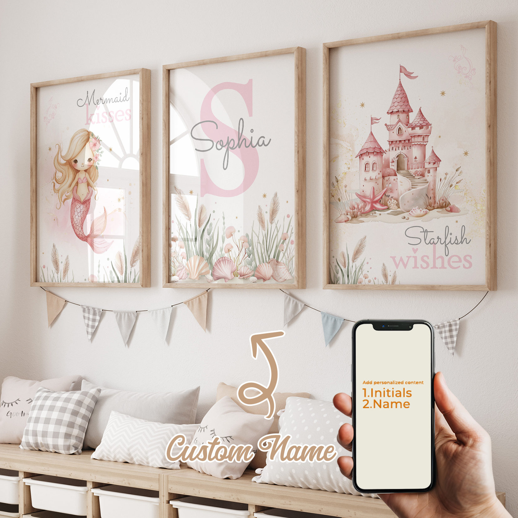 Home Decor On Wall - 3pcs Personalized Custom Name Cartoon Mermaid
