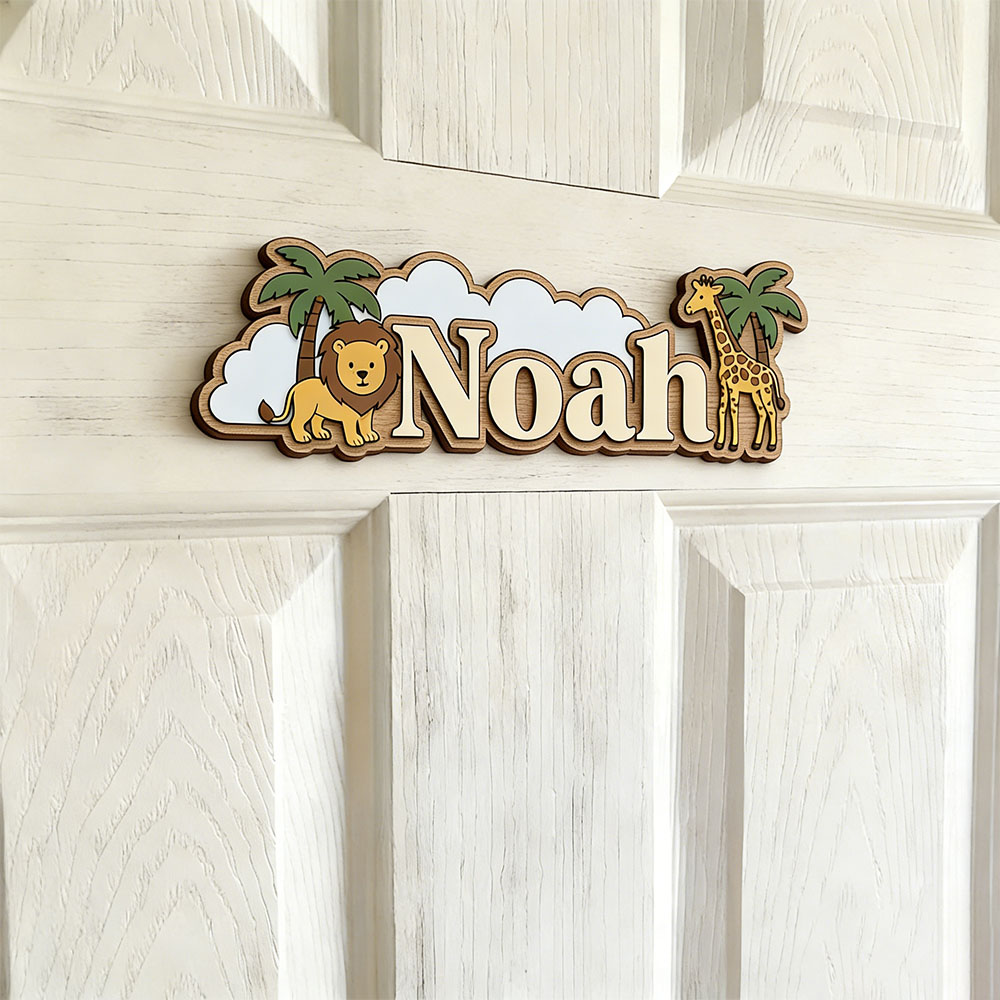 Home Decor Wall Art - Whimsical Jungle Friends Custom Name Plaque,
