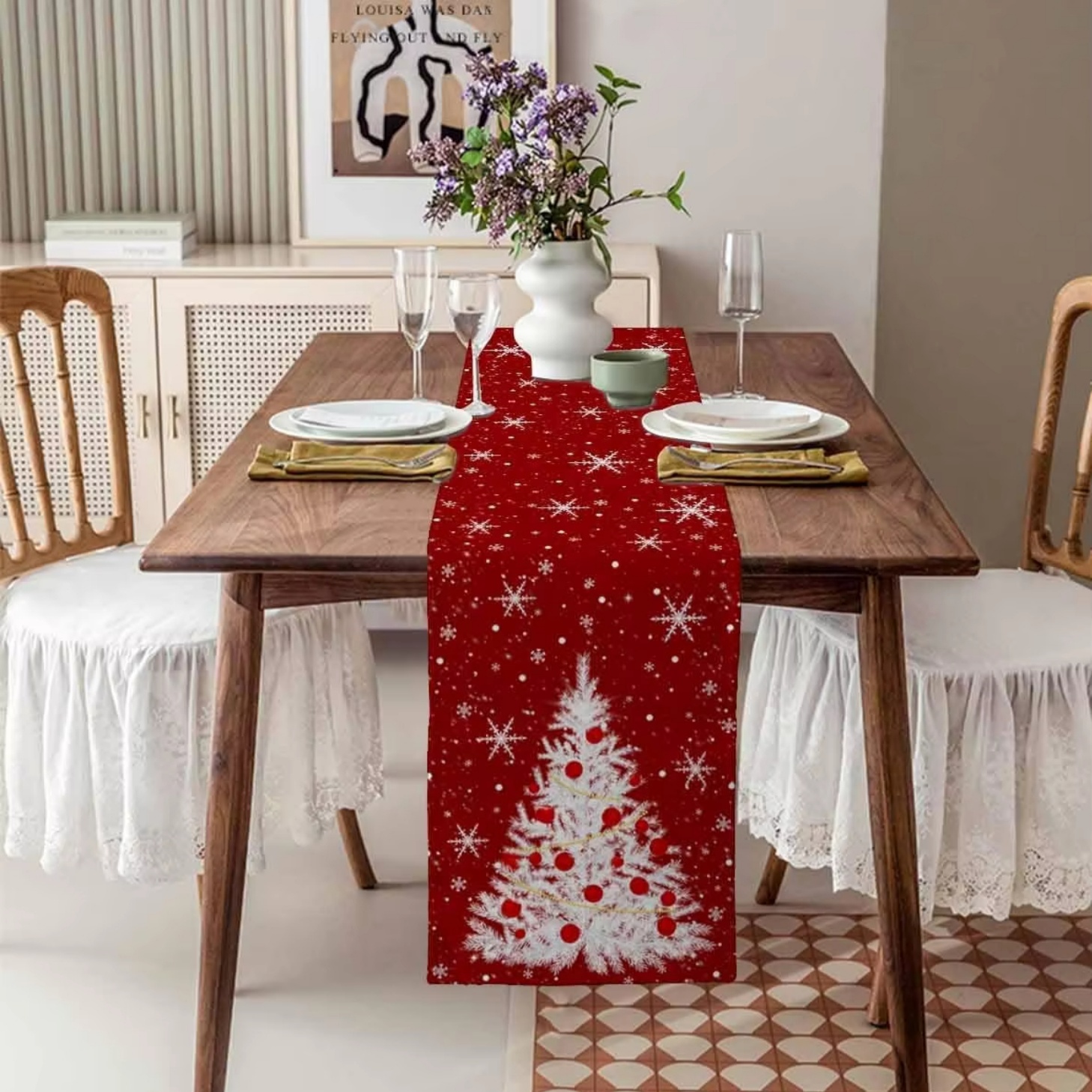 Red Table Runner Christmas Tre - Linen Table Runner reseña y precio