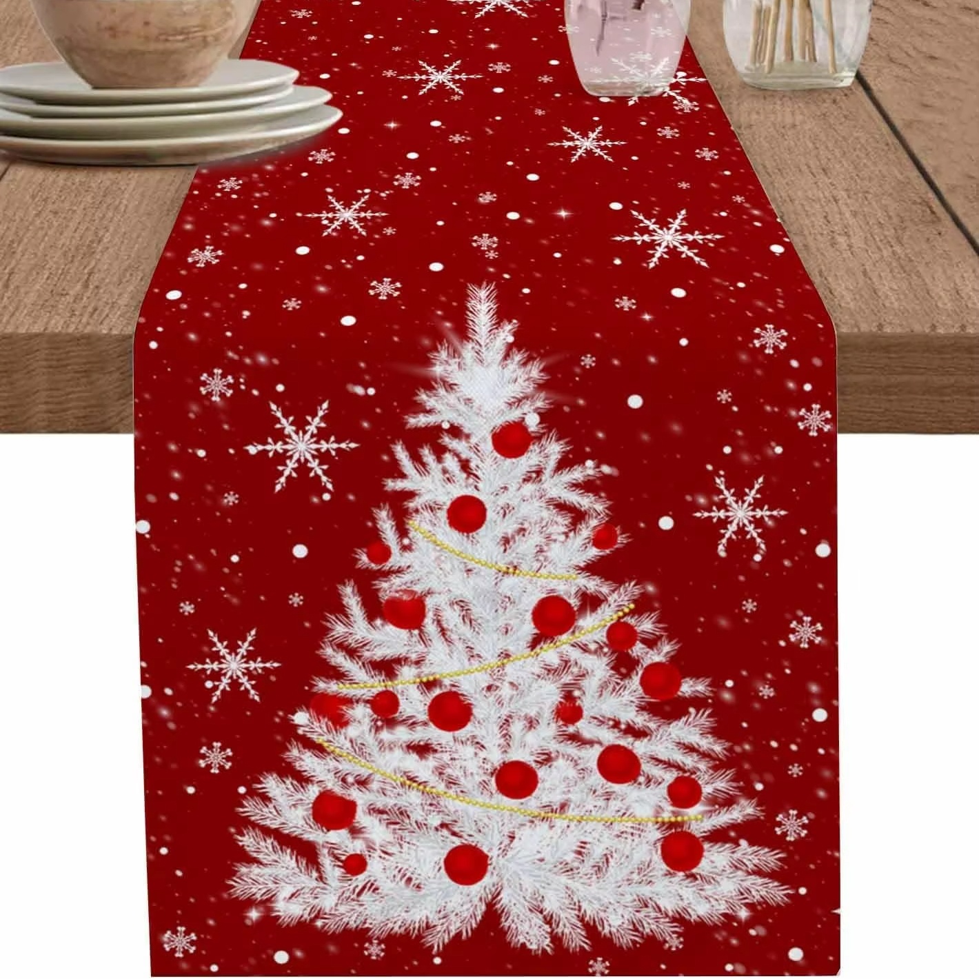 Red Table Runner Christmas Tre - Linen Table Runner reseña y precio