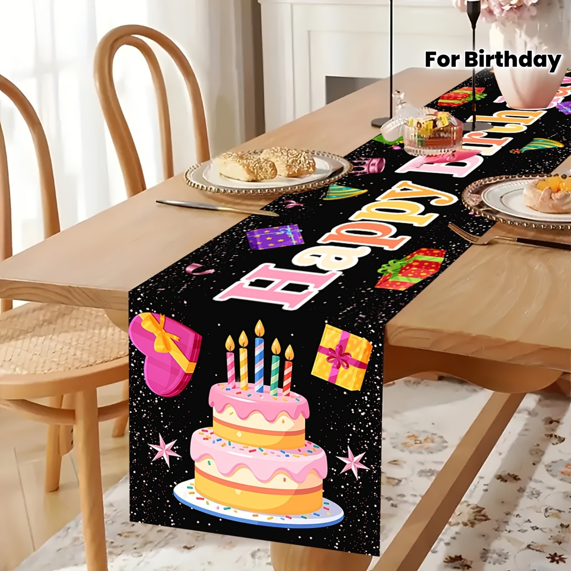 Black Happy Birthday Linen Tab - Linen Table Runner reseña y precio