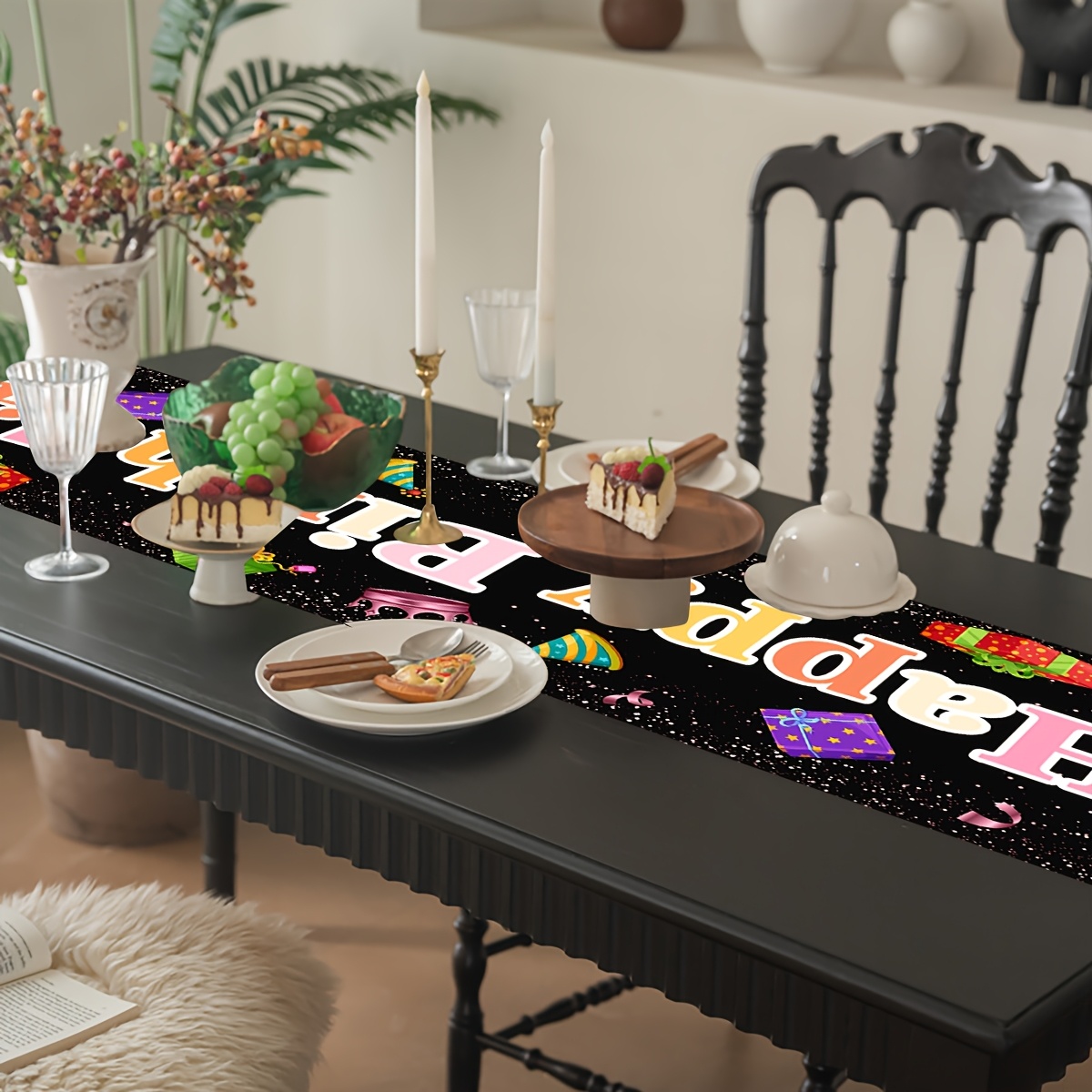 Black Happy Birthday Linen Tab - Linen Table Runner reseña y precio