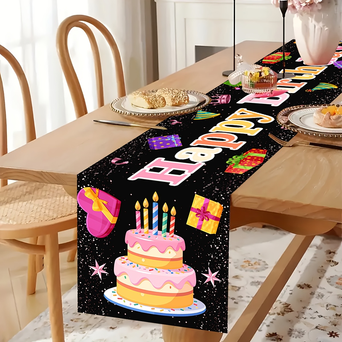 Black Happy Birthday Linen Tab - Linen Table Runner reseña y precio