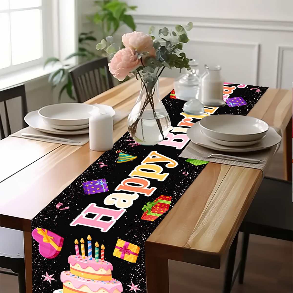 Black Happy Birthday Linen Tab - Linen Table Runner reseña y precio