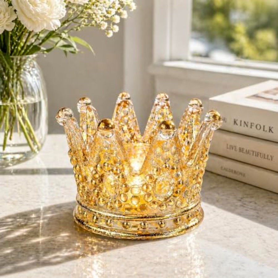 Luxury crown glass candle hold - Home Decor Gold reseña y precio