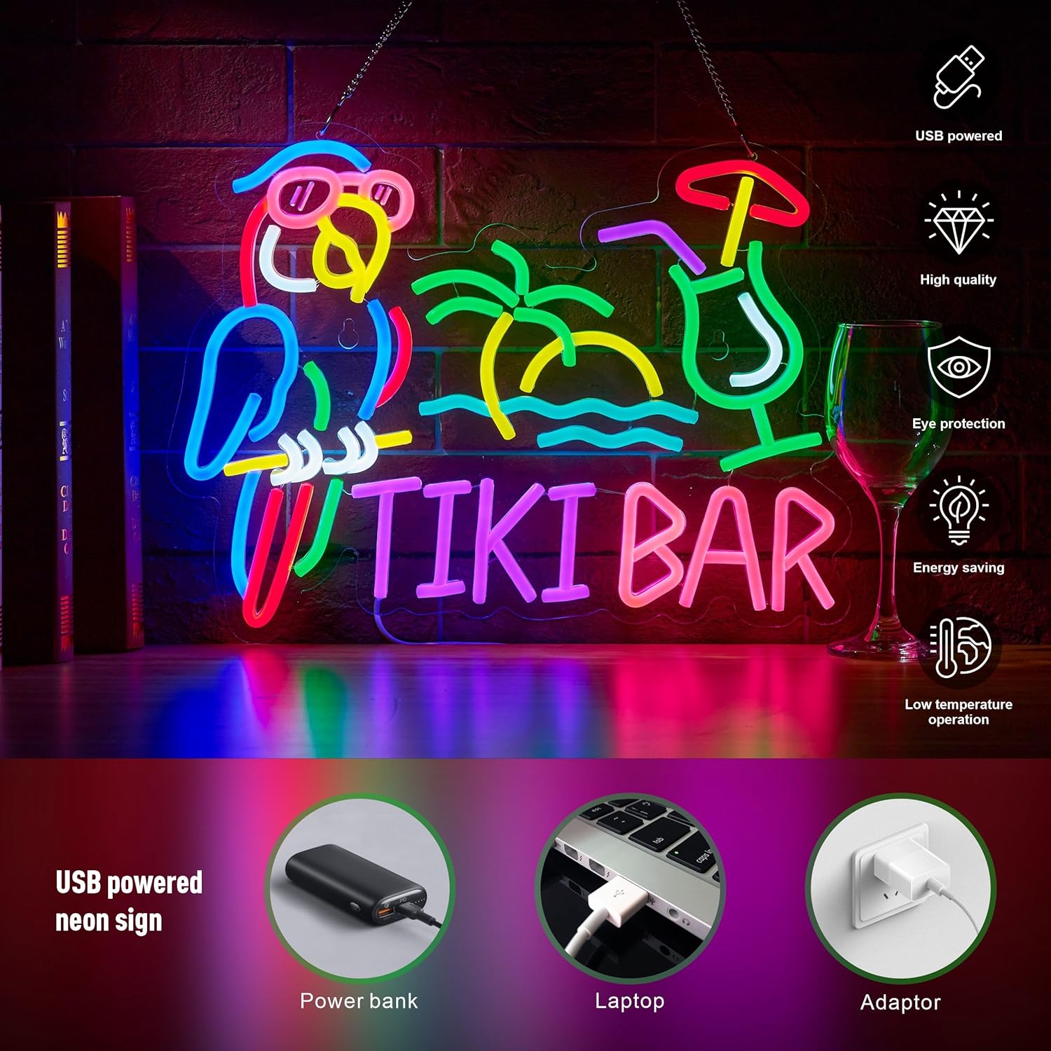 Tiki Bar Parrot Palm Tree Neon - Home Decor Wall Art reseña y precio